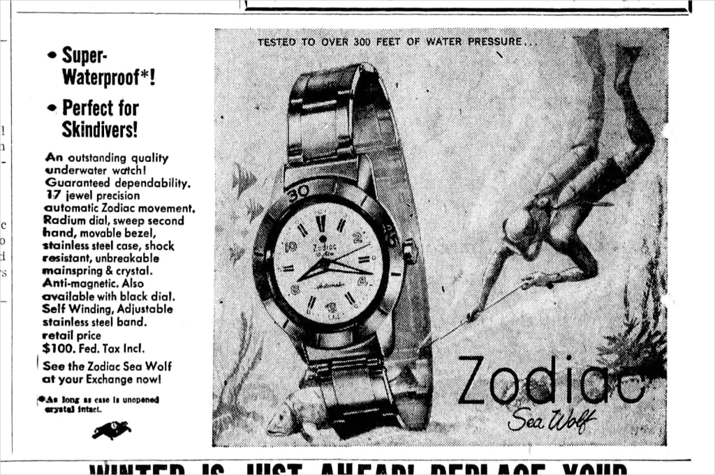 Zodiac 'Sea Wolf' ad from September 1958 (newspapers.com)